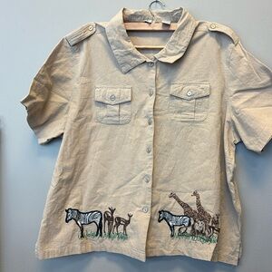 Vintage Pretty Bleu Safari Wildlife Short Sleeve Top embroidered African animal